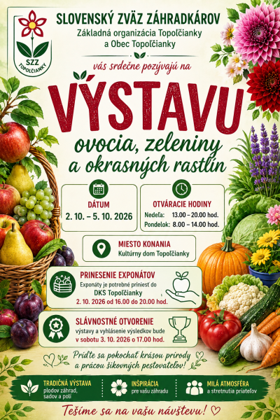 Výstava ovocia, zeleniny a okrasných rastlín v Topoľčiankach 2.–5. októbra 2026