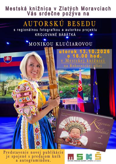 Autorská beseda s Monikou Klučiarovou 13. októbra 2026 v Zlatých Moravciach